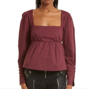 STAUD | Peggy Square Neck Empire Sleeve Babydoll Blouse Top Plum Purple NWOT